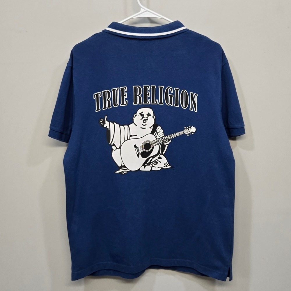True Religion Polo Shirt Mens Small Blue Big‎ Buddha Guitar Logo Y2K Streetwear